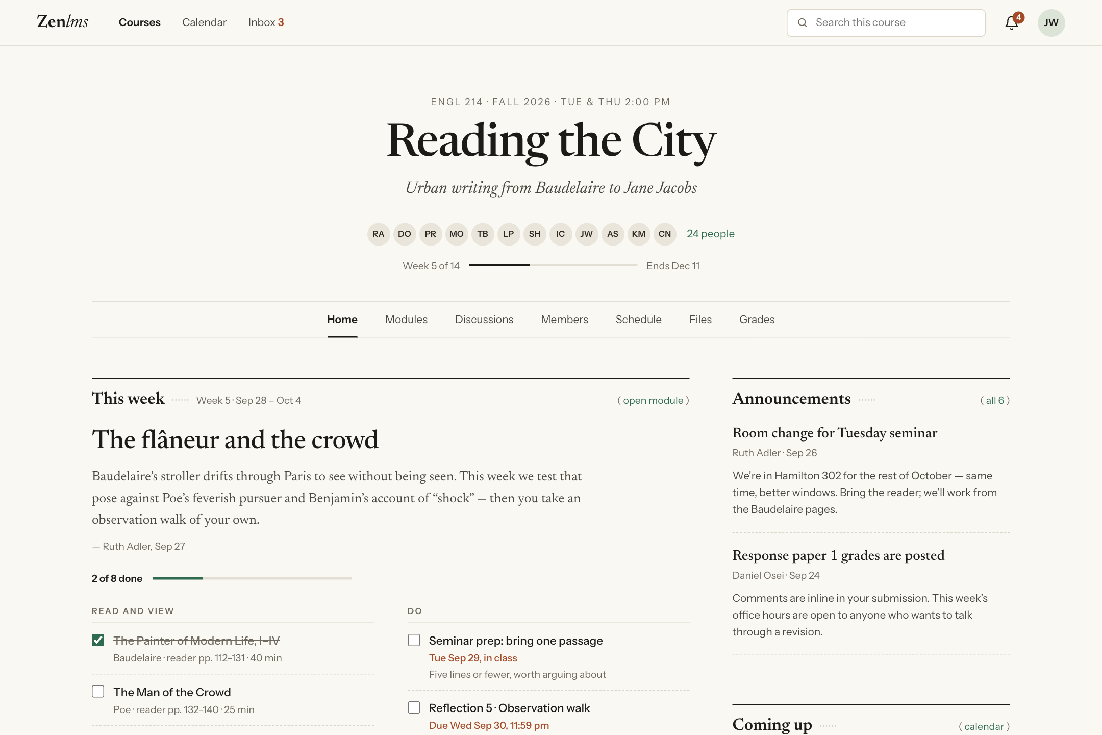The course home for Reading the City, opening on Week 5: the teacher's note, readings to tick off, and announcements