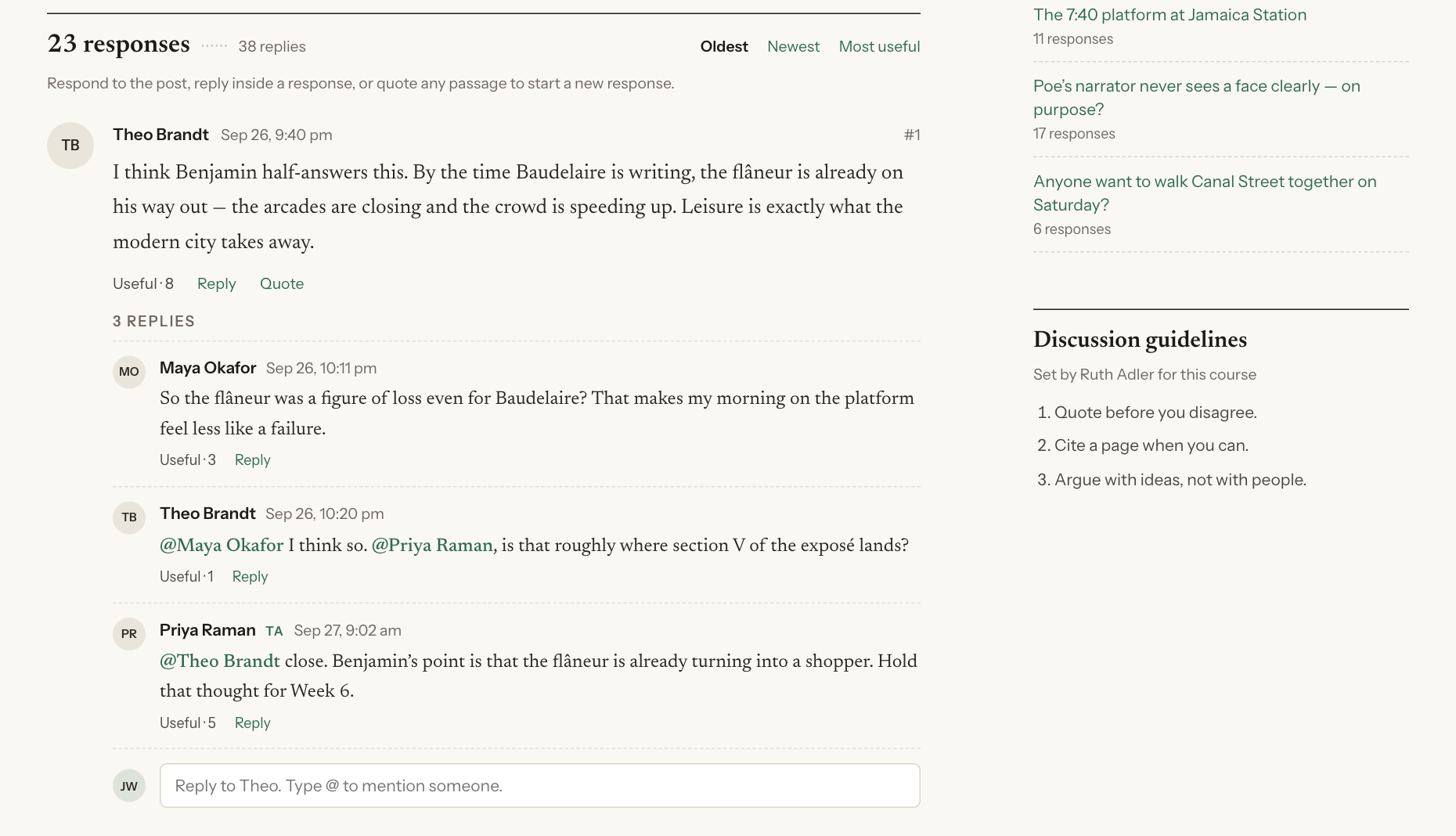 A discussion thread: a response with three replies under it, @mentions, and a reply box